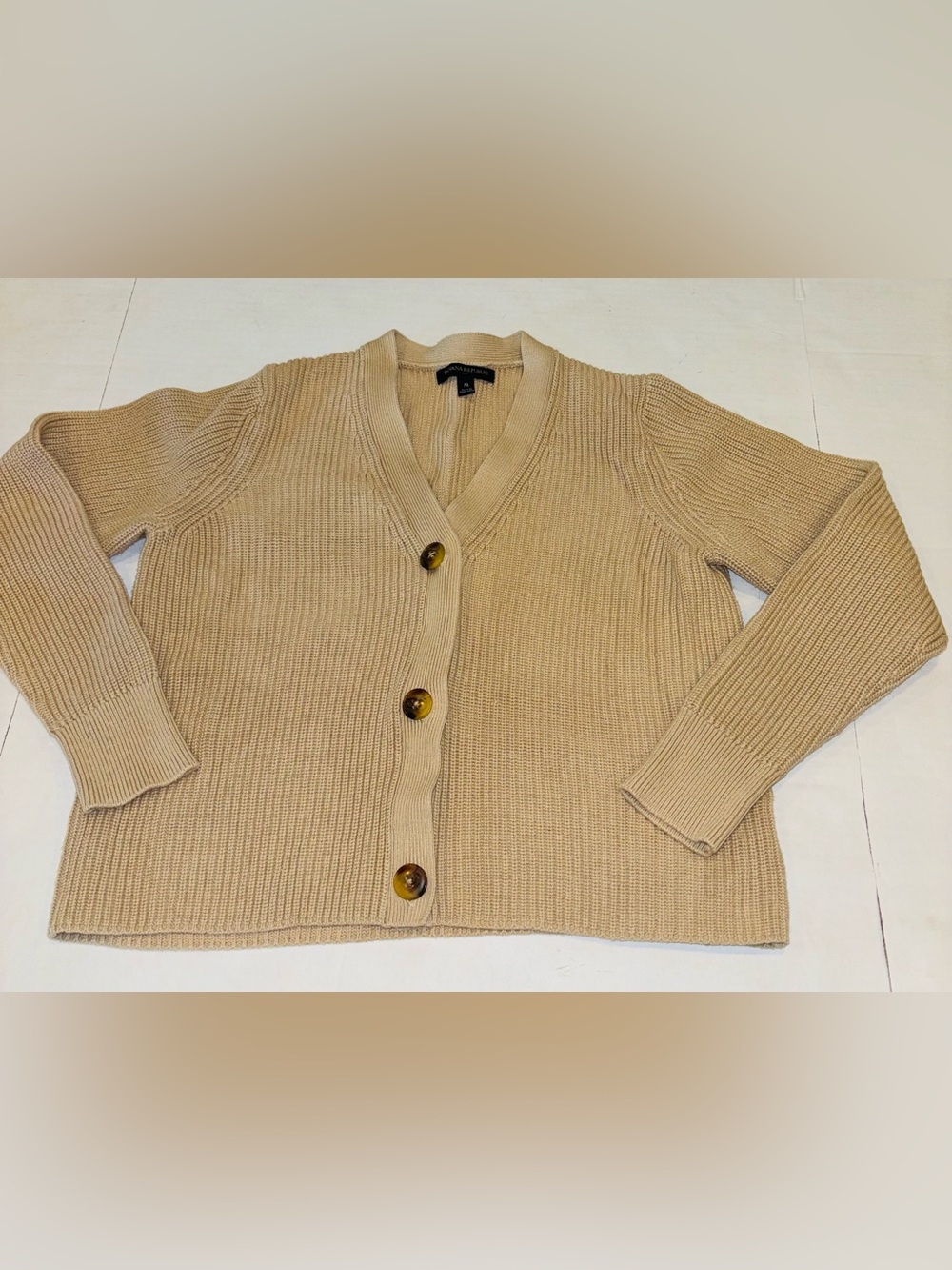 Banana Republic Tan Ribbed V-Neck Button Cardigan